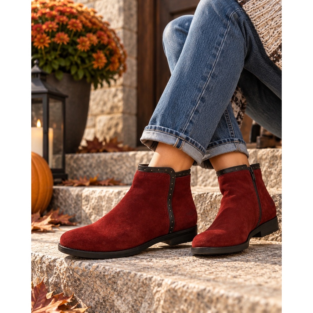 Bos & Co Red Suede Ankle Boots Size 7.5 Studded Trim Side Zip